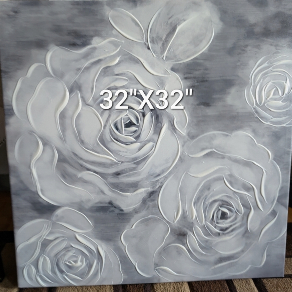Gray and White Rose Painting on Canvas